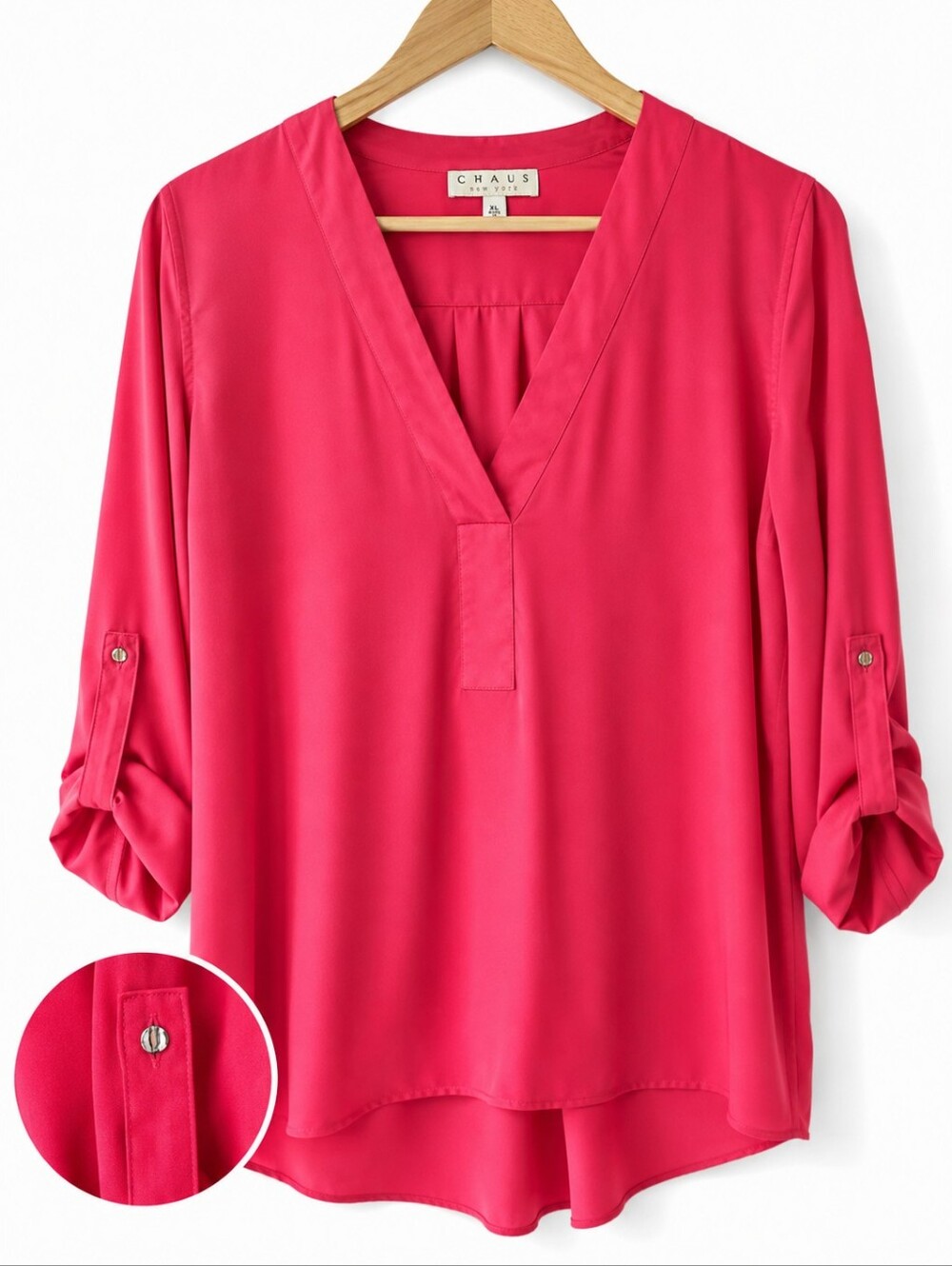 Chaus New York Women's XL Rose Red V-Neck Blouse Roll Tab High Low Top